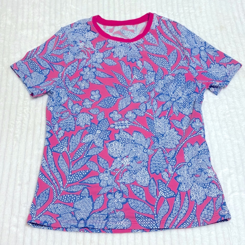 Lands End Girls Floral Pink Blue Short Sleeve Swim Top Rash Guard Sz M/10-12